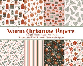 Puede incluir: Una colección de ocho papeles digitales con temática navideña con varios patrones. Los diseños incluyen casas, adornos, cajas de regalo, árboles de Navidad, flores, rayas y flores. Se muestra el texto "Warm Christmas Papers".