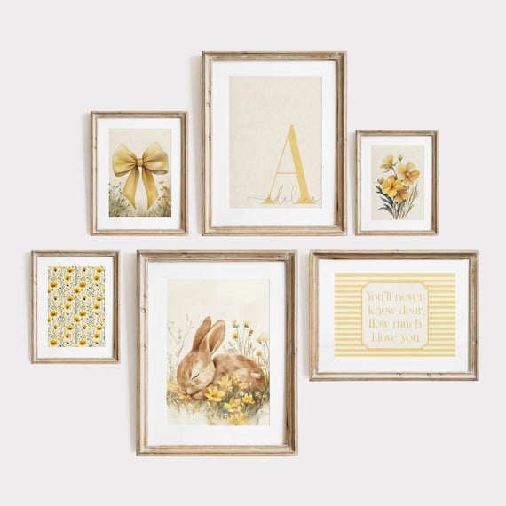 Yellow Cottagecore Nursery Wall Art Set, Bunny Girl Prints (Digital Download)