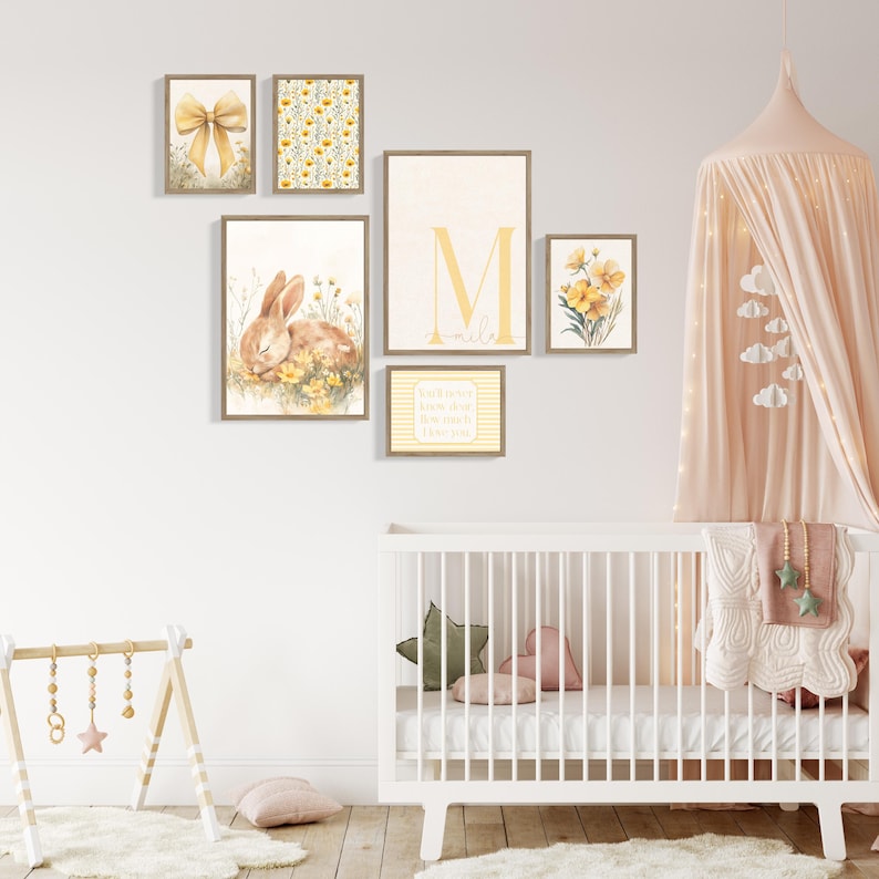 Neutral yellow nursery wall art collection featuring bunny rabbit artwork, floral botanical prints, pastel striped typography, and personalized name initial print.