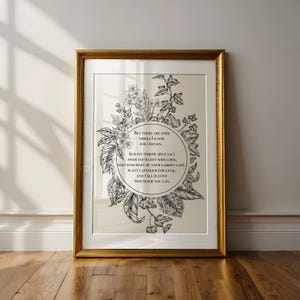 Vintage-inspired black and white botanical illustration featuring flowers and leaves framing a circular quote. The text inside reads: "But there are some things I know for certain… Always throw spilt salt over your left shoulder, keep rosemary by your garden gate, plant lavender for luck, and fall in love whenever you can." The artwork has an old-world, mystical feel, reminiscent of traditional herbal folklore or a page from an apothecary book.