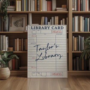 Arte mural con tarjeta de biblioteca vintage: Impresión personalizada para amantes de los libros, ideal para decorar rincones de lectura y clubes de lectura.