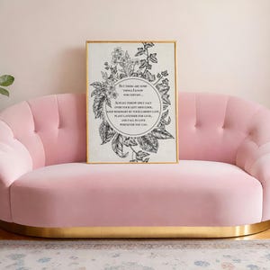 Vintage-inspired black and white botanical illustration featuring flowers and leaves framing a circular quote. The text inside reads: "But there are some things I know for certain… Always throw spilt salt over your left shoulder, keep rosemary by your garden gate, plant lavender for luck, and fall in love whenever you can." The artwork has an old-world, mystical feel, reminiscent of traditional herbal folklore or a page from an apothecary book.