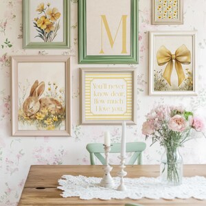 Vintage inspired baby girl nursery print set with sleeping bunny artwork, yellow bow print, floral illustrations, and personalized monogram wall art.