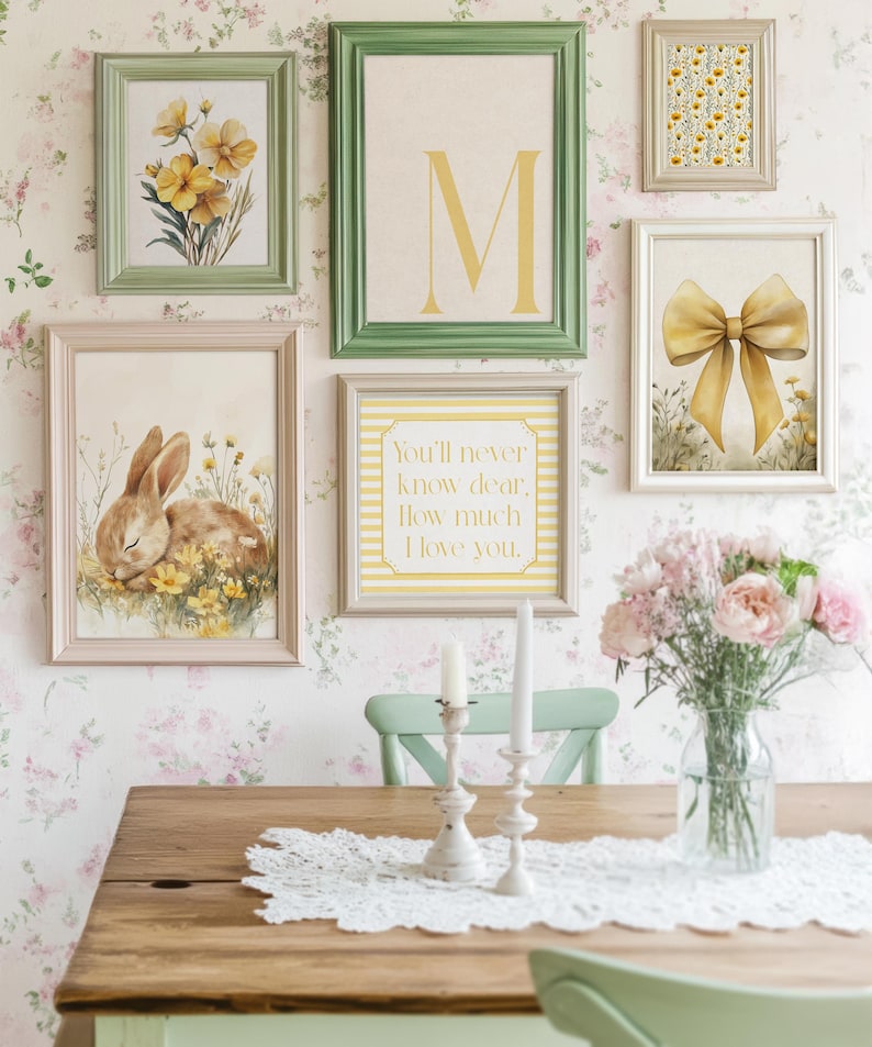 Vintage inspired baby girl nursery print set with sleeping bunny artwork, yellow bow print, floral illustrations, and personalized monogram wall art.
