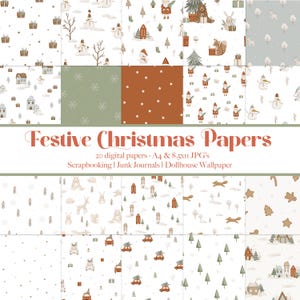 Könnte beinhalten: Ein Set mit 20 digitalen Weihnachtspapier-Designs in verschiedenen Mustern mit Schneemännern, Häusern, Bäumen, Sternen und anderen festlichen Elementen. Die Papiere eignen sich perfekt zum Scrapbooking, für Junk Journals und als Tapete für Puppenhäuser.