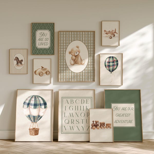 Neutral Boys Nursery Wall Art Set, Teddy Bear, Vintage Transport Decor Prints (Digital Download)