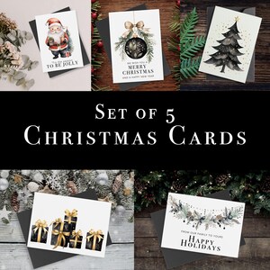 Conjunto de 5 cartões de Natal pretos e dourados para impressão, Cartão de felicitações de Natal, Cartão digital para impressão, Cartões de Natal em branco, Cartões 5x7