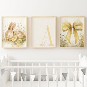 Whimsical cottagecore nursery prints featuring a sleeping bunny, vintage yellow florals, bow artwork, and personalized monogram nursery wall art.