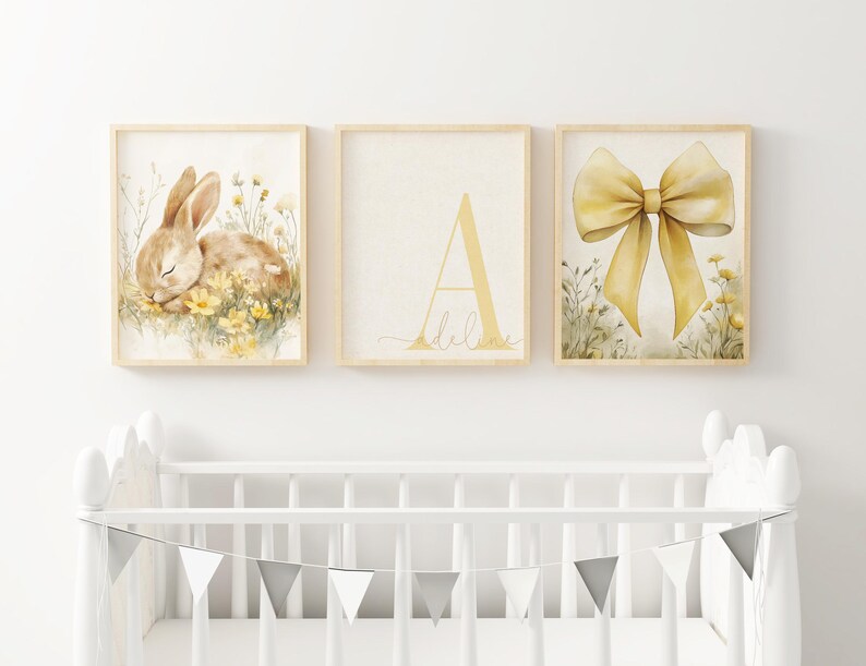 Whimsical cottagecore nursery prints featuring a sleeping bunny, vintage yellow florals, bow artwork, and personalized monogram nursery wall art.