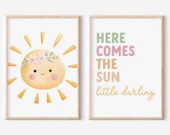 Arte mural floral imprimible de los Beatles "Here Comes the Sun" para guardería, habitación de niña y decoración del hogar.