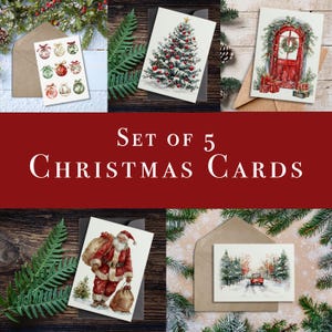 Conjunto de 5 cartões de Natal clássicos para impressão, cartão de felicitações de Natal, cartão digital para impressão, cartões de Natal em branco, cartões 5x7