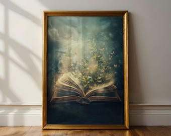 May include: A framed print featuring an open book with pages aglow, from which plants and butterflies emerge. The artwork has a gold frame and is set against a dark, dreamy background with a touch of light.