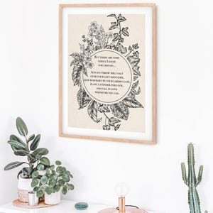 Vintage-inspired black and white botanical illustration featuring flowers and leaves framing a circular quote. The text inside reads: "But there are some things I know for certain… Always throw spilt salt over your left shoulder, keep rosemary by your garden gate, plant lavender for luck, and fall in love whenever you can." The artwork has an old-world, mystical feel, reminiscent of traditional herbal folklore or a page from an apothecary book.