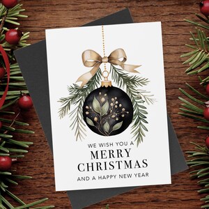 Cartão de Natal preto e dourado para impressão, Cartão de felicitações de feriado, Cartão de Natal, Cartão digital para impressão, Cartões de feriado em branco, Cartões 5x7
