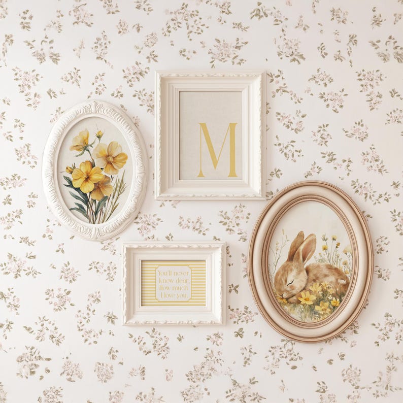 Baby girl nursery wall art set with watercolor bunny illustration, floral botanical prints, yellow striped quote art, and personalized initial decor.
