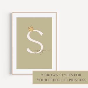 Impresión de arte de pared con nombre inicial y corona personalizada: decoración personalizable para habitación de bebé, habitación de niño y habitación de niña.