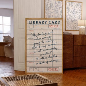 Personalized library card poster with custom text, allowing you to add your favorite literary quote, poem, song lyric, or family reading motto.