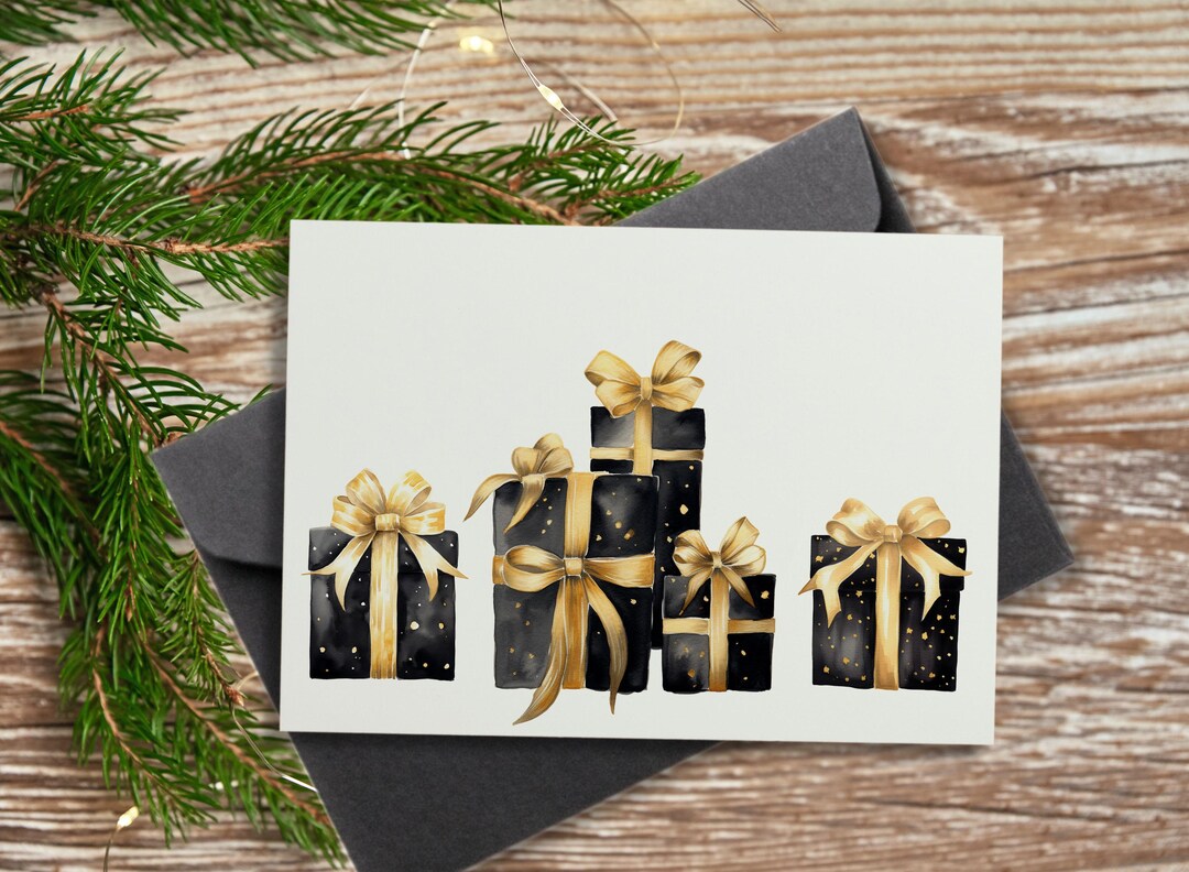 Black and Gold Christmas Card Printable, Holiday Greeting Card, Xmas ...