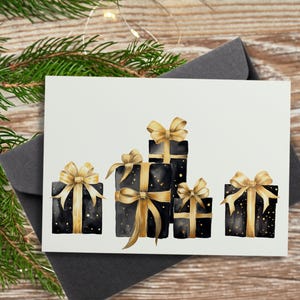 Cartão de Natal preto e dourado para impressão, Cartão de felicitações de feriado, Cartão de Natal, Cartão digital para impressão, Cartões de feriado em branco, Cartões 5x7