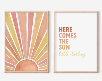 Here Comes the Sun Nursery Wall Art Set, Retro Boho Baby Room Prints (Digital Download)