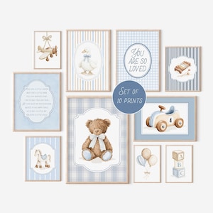 Vintage babyjongen kinderkamer muurkunst set, teddybeer blauw galerijafdrukken (digitale download)