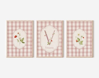 Personalized Initial Nursery Wall Art, Pink Gingham Strawberry Cottagecore Print (Digital Download)