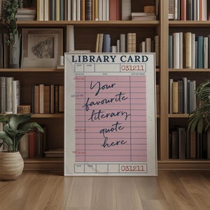 Arte mural personalizado con tarjeta de biblioteca vintage: Impresión con cita literaria para decorar rincones de lectura, regalos personalizados para amantes de la lectura.