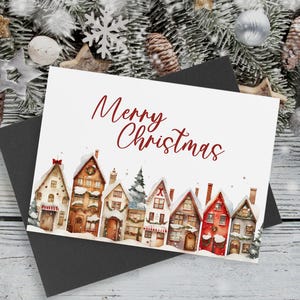 Cartão de Feliz Natal para imprimir, Cartão de felicitações de Natal, Vila de Natal para imprimir download digital, Cartões de Natal dobráveis em branco 5x7