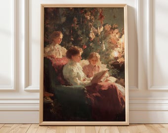 May include: A framed vintage painting depicts a woman reading to two children, with a Christmas tree in the background. The artwork features warm tones, with the subjects in white and pink clothing, seated on a red and green chair. The frame is a light wood color.