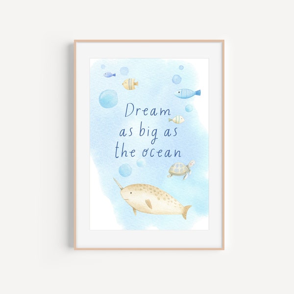 Dream as big as the ocean Playroom print, Inspirational quote digital download, Kids room wall art, Playroom poster, Nursery printable