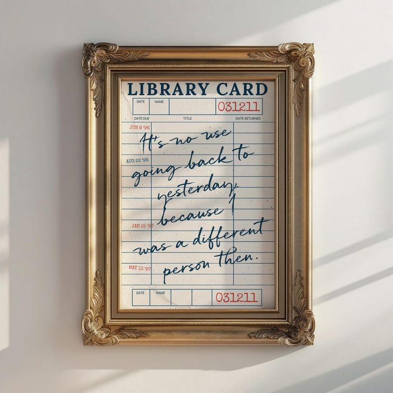 Personalized book lover wall art featuring a custom literary quote on an antique library card design, ideal for reading nooks and home libraries.