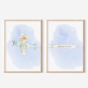 Airplane Nursery print set of 2, Adventure awaits, Animal Nursery poster, Playroom prints set, Boys room wall art decor, watercolour nursery