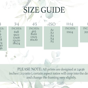 Puede incluir: Una gu&iacute;a de tallas para impresiones, que muestra diferentes proporciones y las medidas en pulgadas correspondientes. La gu&iacute;a incluye las proporciones 2:3, 3:4, 4:5, ISO, 11:14 y 1:1. El texto indica que todas las impresiones est&aacute;n dise&ntilde;adas en 24x36 pulgadas, y que ciertas proporciones se recortar&aacute;n en el dise&ntilde;o y cambiar&aacute;n ligeramente el enmarcado.