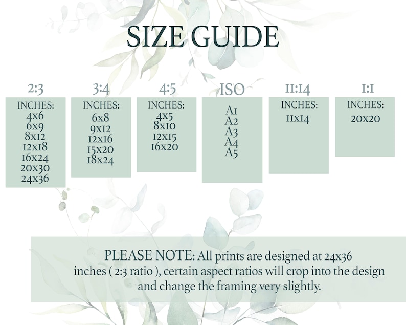 Puede incluir: Una gu&iacute;a de tallas para impresiones, que muestra diferentes proporciones y las medidas en pulgadas correspondientes. La gu&iacute;a incluye las proporciones 2:3, 3:4, 4:5, ISO, 11:14 y 1:1. El texto indica que todas las impresiones est&aacute;n dise&ntilde;adas en 24x36 pulgadas, y que ciertas proporciones se recortar&aacute;n en el dise&ntilde;o y cambiar&aacute;n ligeramente el enmarcado.