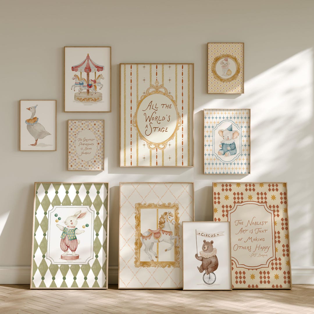 Vintage Circus Nursery Gallery Wall Set, Storybook Carnival Animal ...
