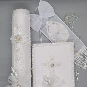 Set de encaje para comunión para niña | Santa Biblia en español/inglés | Pañuelo | Rosario