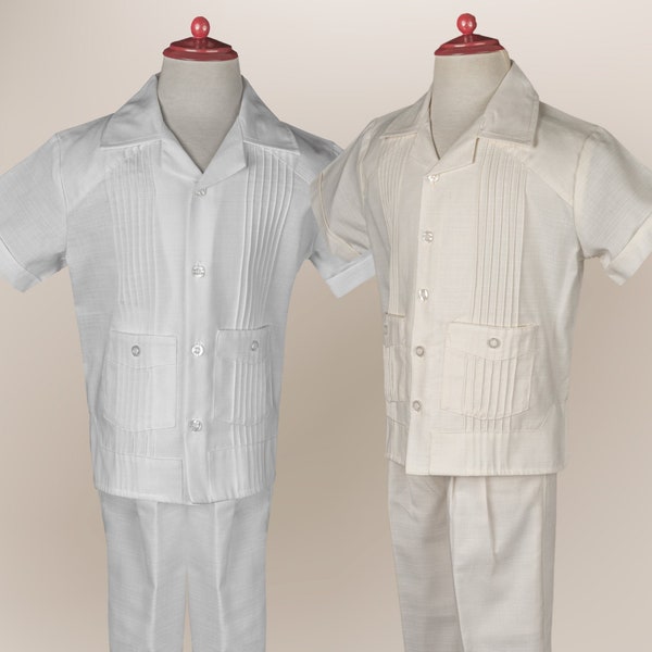 Toddlers To Teen Boys Linen 2 Pockets Short Sleeves Guayabera Set With Pintucks Design | Mexican Guayabera Shirt | Boys Baptism Outfit