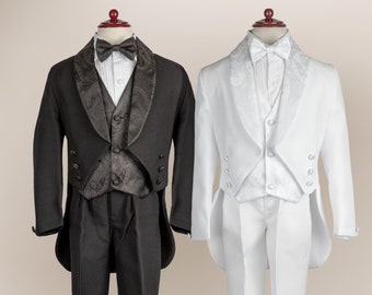 Toddlers Boys 5-Piece Tailcoat Tuxedo Suit Satin Lapel Set With Jacquard Design | Toddler Wedding Suit | Boys Tuxedo Set | Confirmation Suit