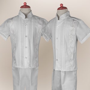 Boys Mao Neck Short Sleeves Linen Guayabera Set With Embroidery Design | Mexican Guayabera Shirt | Boys Baptism Outfit
