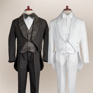 Toddlers Boys 5-Piece Tailcoat Tuxedo Suit Satin Lapel Set With Jacquard Design | Toddler Wedding Suit | Boys Tuxedo Set | Confirmation Suit