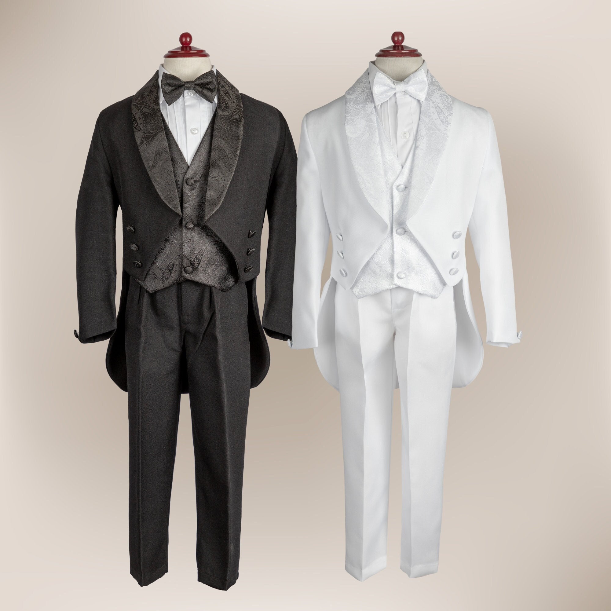 Kleinkinder Jungen 5-teiliger Frack-Smoking-Satin-Revers-Set mit Jacquard-Design | Kleinkind Hochzeitsanzug | Jungen Frack | Konfirmationsanzug