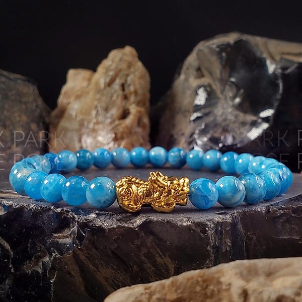 Lake Blue Apatite Bracelet: 24K Gold Plated Pixiu Charm, Handmade Jewelry (6/8mm)