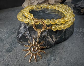Sunburst Caribiner Necklace, Citrine or Amethyst, Stainless Steel Sun Pendant (8mm)