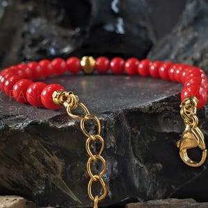 Red Coral Clasp Bracelet with 24K Solid Gold Cat Eye Bead (5mm) image 4