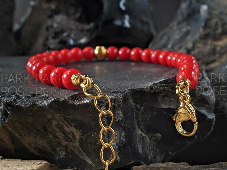 Red Coral Clasp Bracelet with 24K Solid Gold Cat Eye Bead (5mm) image 4