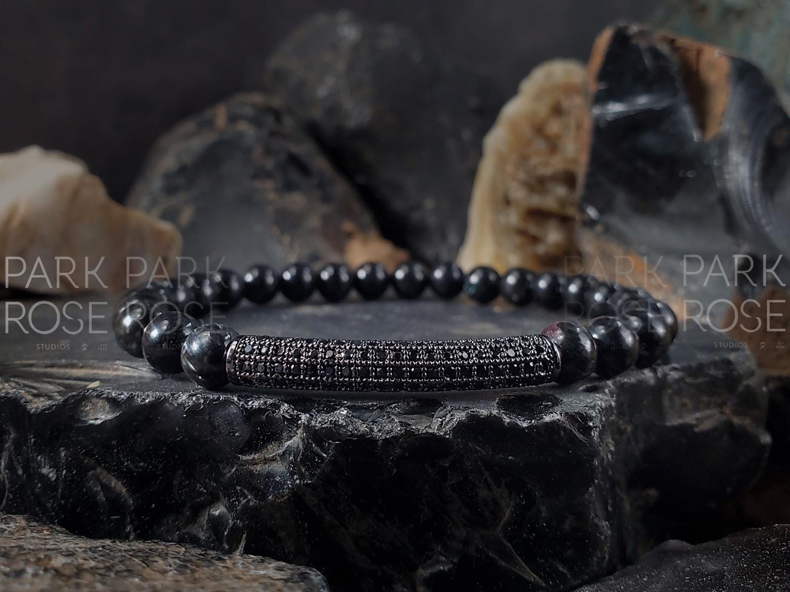 Arfvedsonite Beaded Bracelet with Black Zirconia Bar