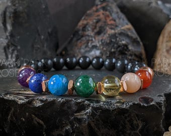 7 Chakra Copper & Shungite Bracelet (8mm) Pure Coated Copper | Real Shungite Bracelet | Chakra Crystal Bracelets