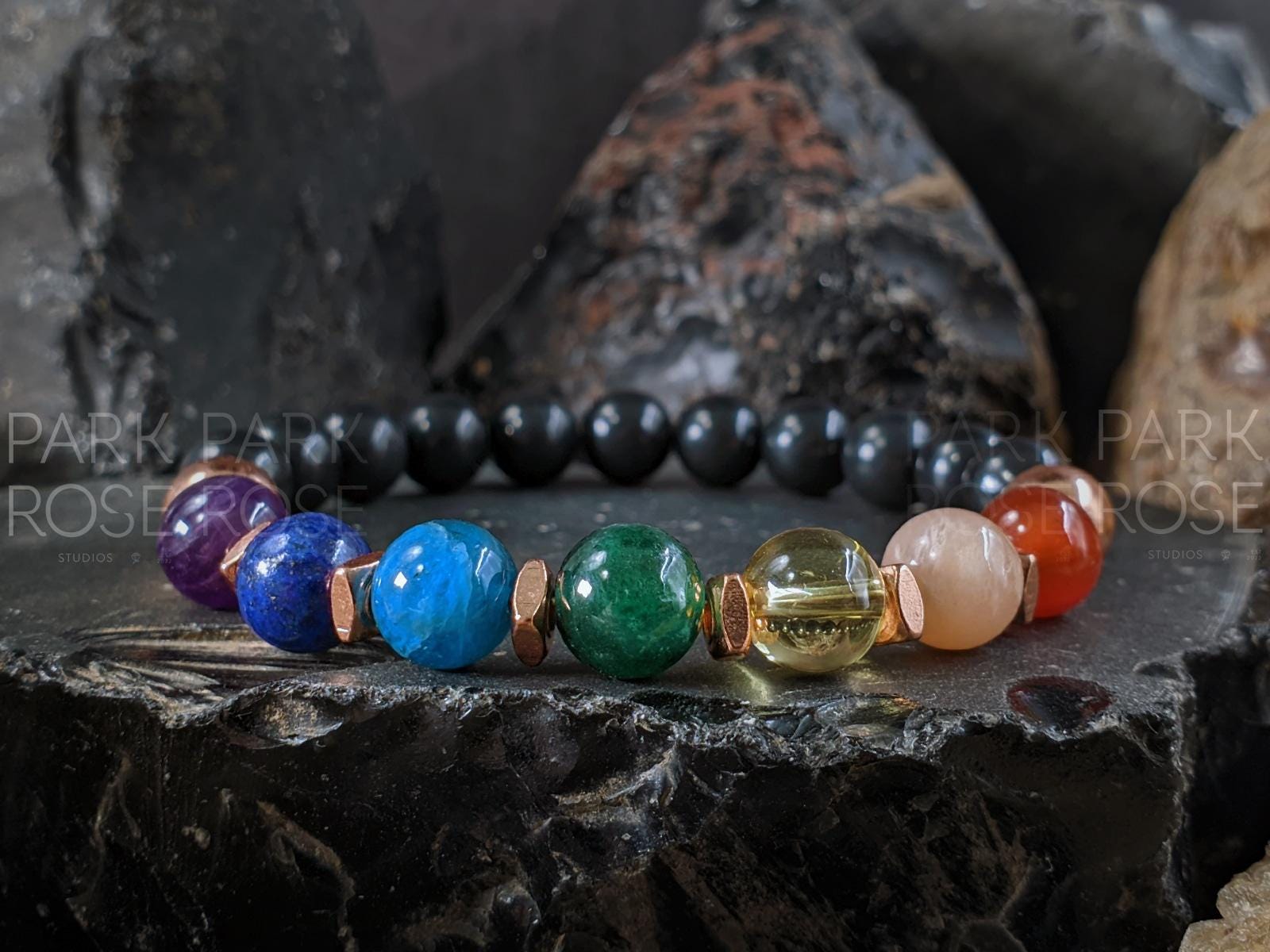 7 Chakra Copper & Shungite Bracelet (8mm) Pure Coated Copper | Real Shungite Bracelet | Chakra Crystal Bracelets