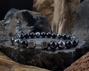 Black Tourmaline and Hematite &quot;Gym Bro&quot; Bracelet: Dumbbell Charm (8mm) | Gifts for Him | Gifts for Her | Bracelets for Men