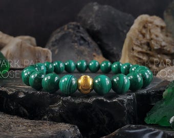 AAAAA Congo Malachite Bracelet: 24K Gold Cat Eye Bead